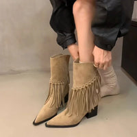 Santiag mi-haute beige Daim Femme - Franges pointues avec œillets métalliques 1