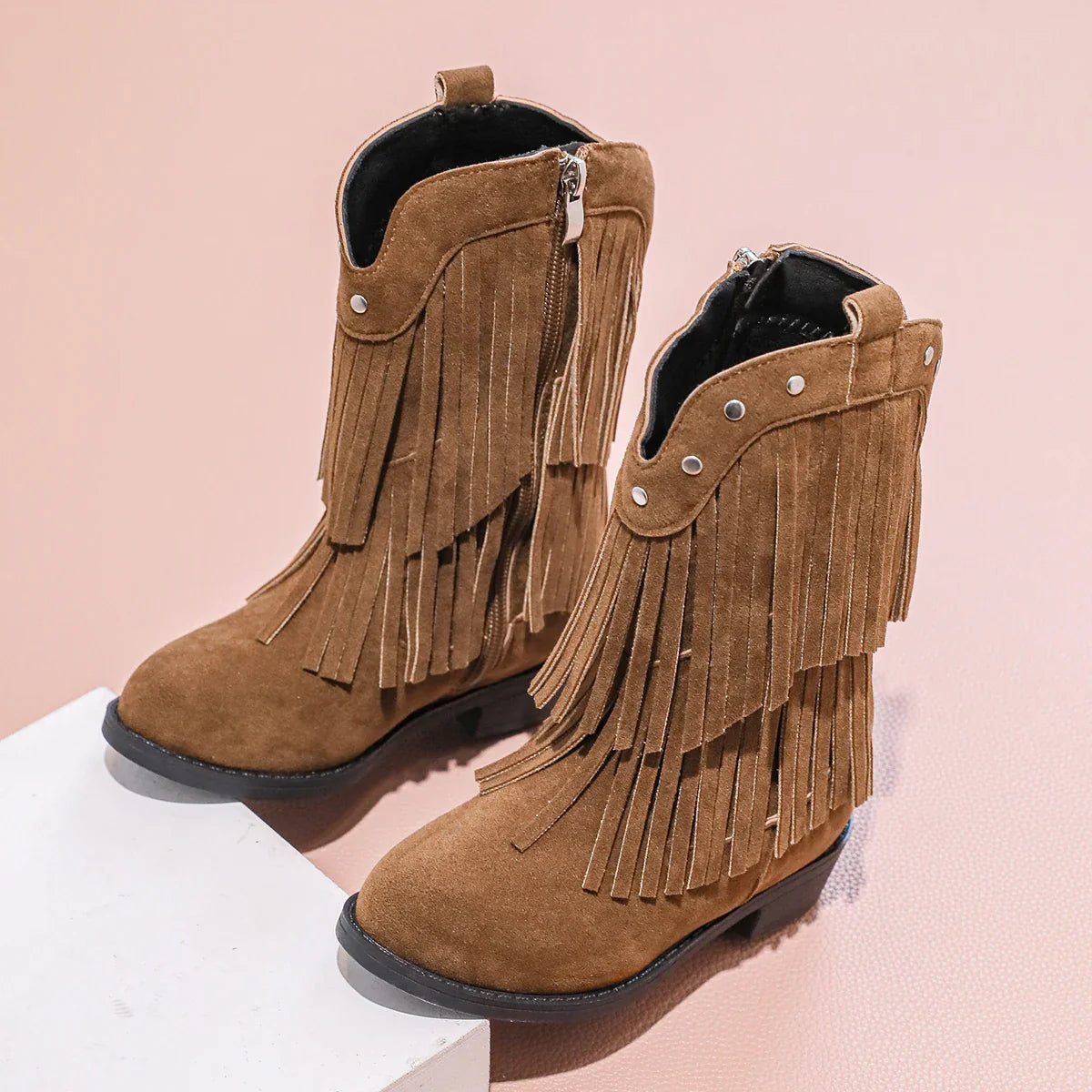 Santiag haute marron Daim Fille - Franges longues en daim décoratives 2