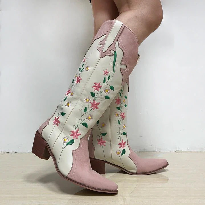 Santiag mi-haute blanc Simili Cuir Femme - Broderies florales vibrantes élégantes 4