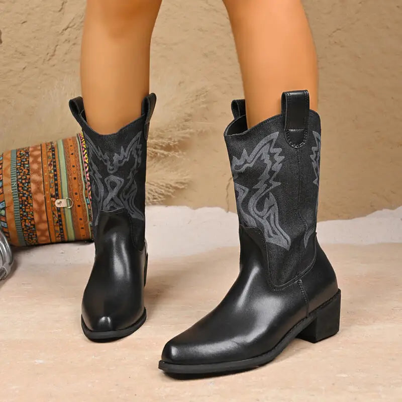 Santiag mi-haute marron Simili Cuir Femme - Broderies western et talons carrés élégants