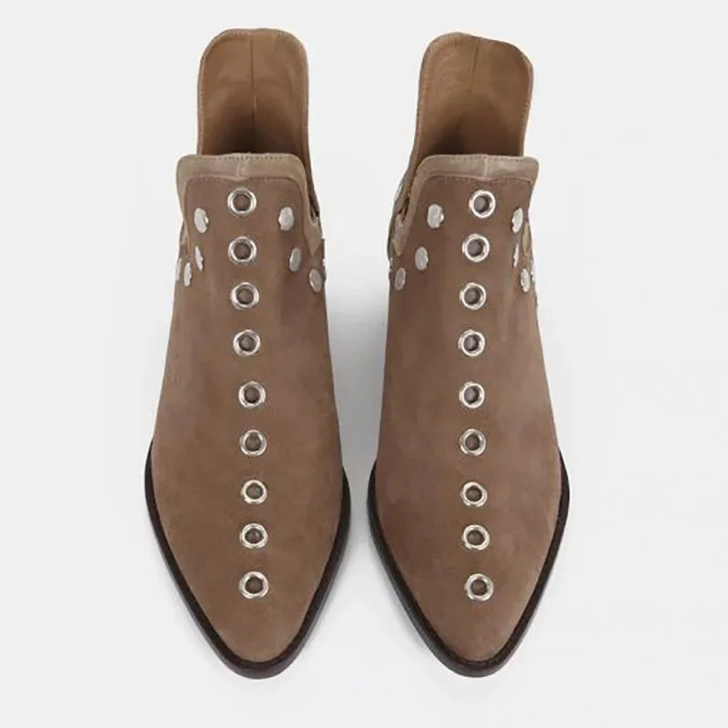 Santiag mi-haute marron Simili Cuir Femme - Bottes avec œillets métalliques symétriques 3