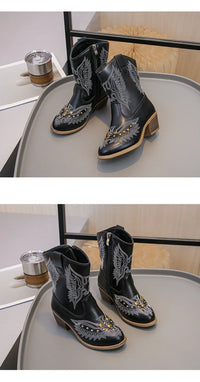 Santiag mi-haute noir Simili Cuir Fille - Broderies ailes et clous dorés 4