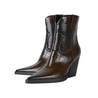 Santiag mi-haute marron foncé Synthétique Femme - Bout pointu, texture croco, talon incliné 2