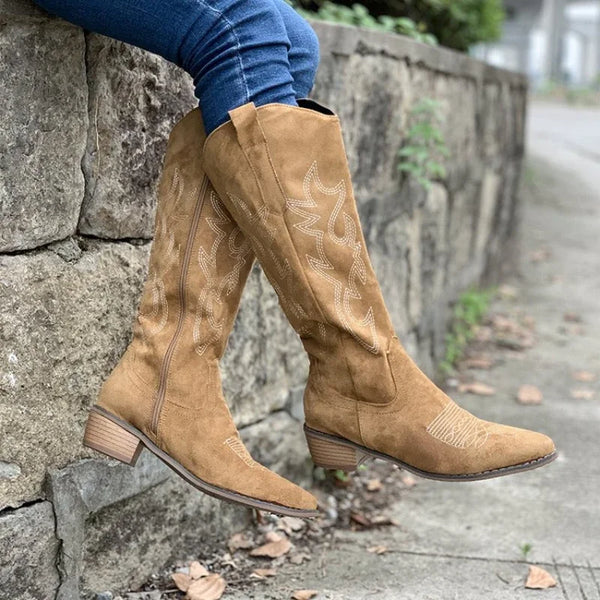 Santiag mi-haute marron clair Simili Cuir Femme - Broderies western et bout pointu élégant