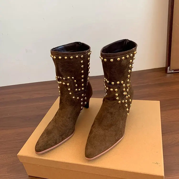Santiag mi-haute marron Daim Femme - Clous dorés en motifs géométriques 5