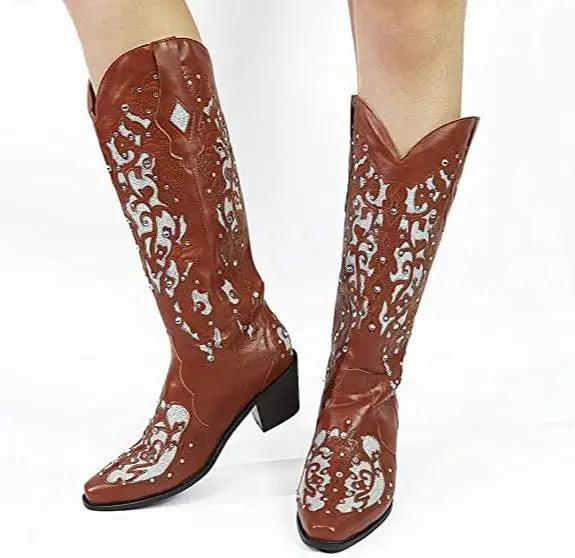 Santiag mi-haute marron Simili Cuir Femme - Style western avec broderies contrastées