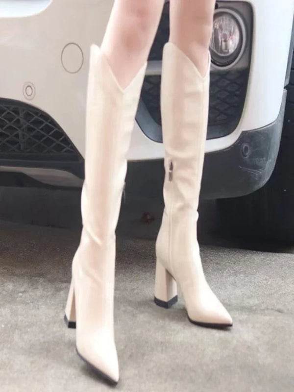 Botte haute blanc Simili Cuir Femme - Élégantes bottes blanches à bout pointu