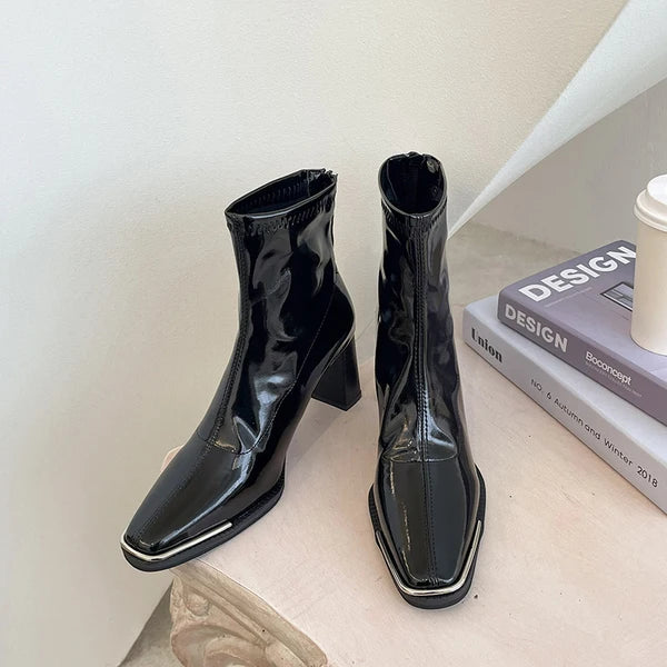 Bottine noir Simili Cuir Femme - Santiags noires vernies à bout carré 2