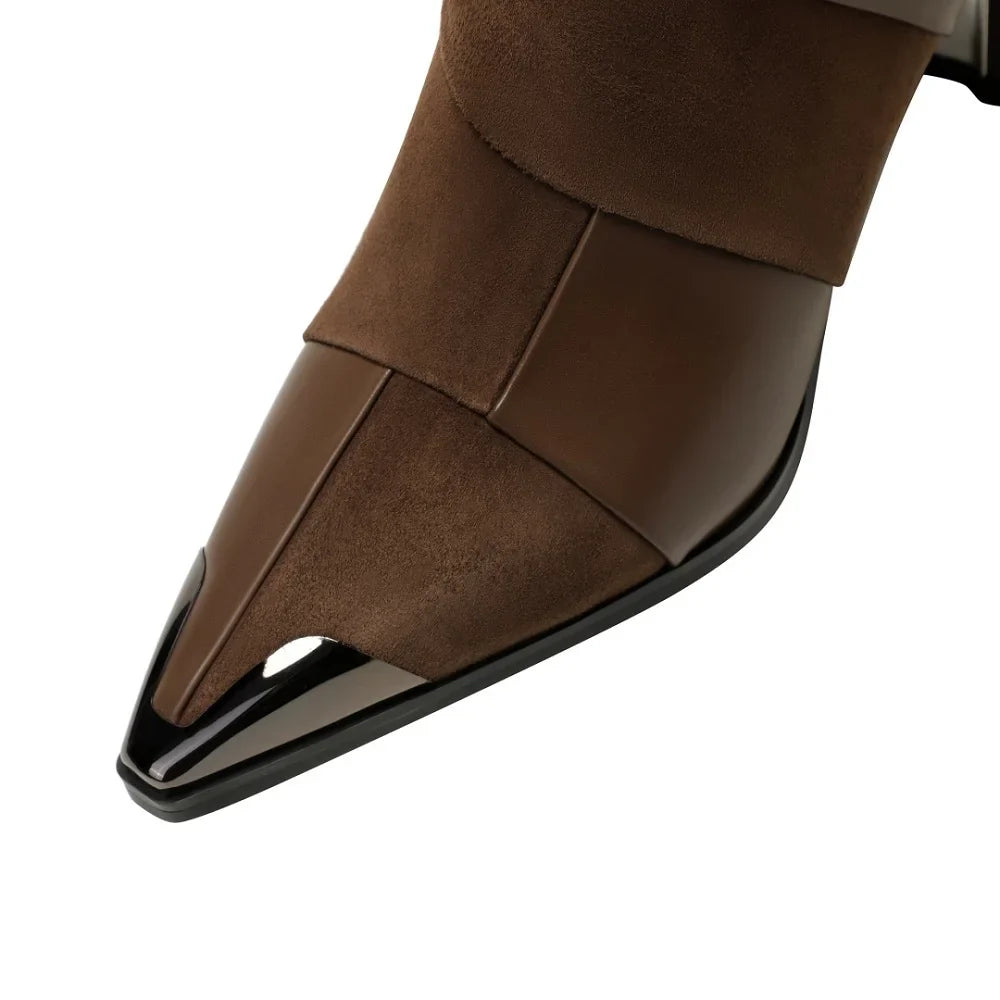 Bottine à talon marron foncé Cuir Femme - Bottines santiags bout pointu métallisé 4