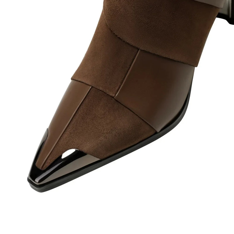 Santiag mi-haute marron Cuir|Daim Femme - Élégante avec bout pointu métallique
