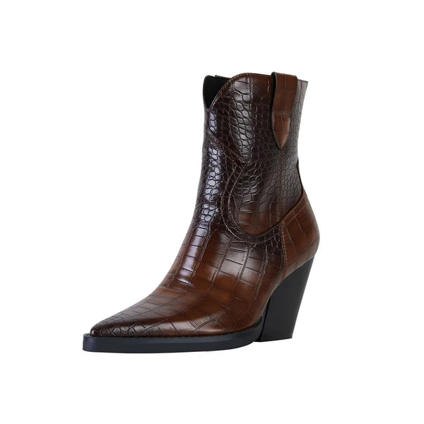 Santiag mi-haute marron foncé Synthétique Femme - Bout pointu, texture croco, talon incliné