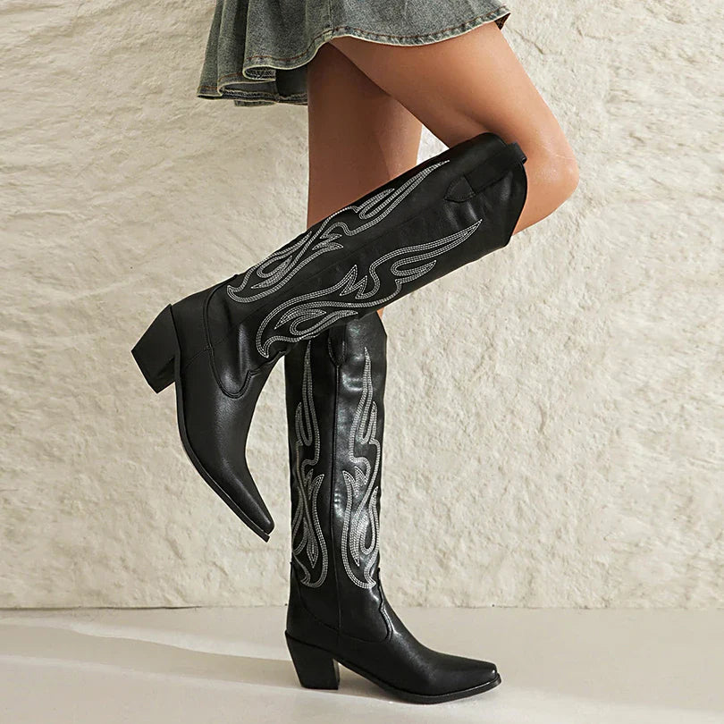 Santiag haute noir Simili Cuir Femme - Broderies géométriques, talon cubain moderne 2