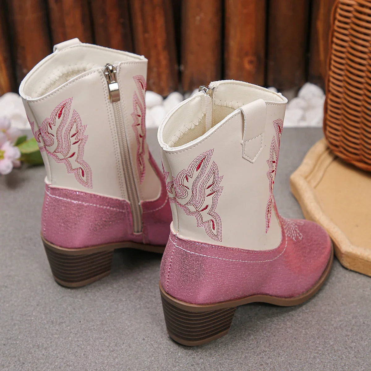 Santiag basse rose à paillettes Synthétique Fille - Rose scintillant avec broderies western 3