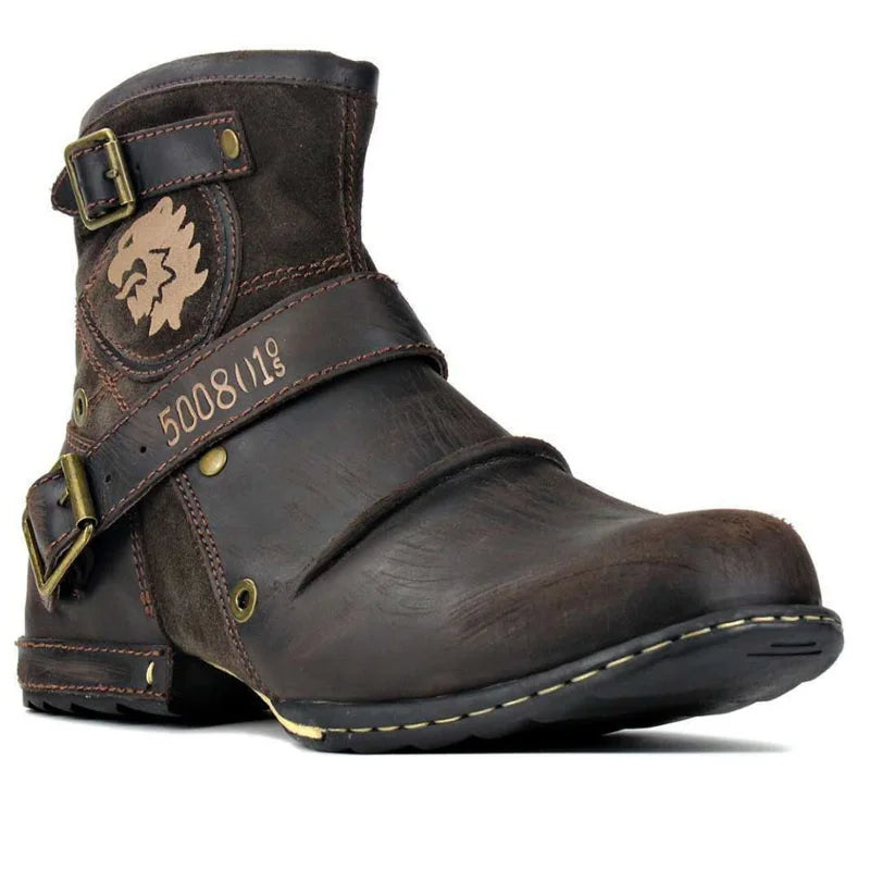 Bottine haute marron foncé Simili Cuir Femme - Ornée de motifs floraux et lion 2