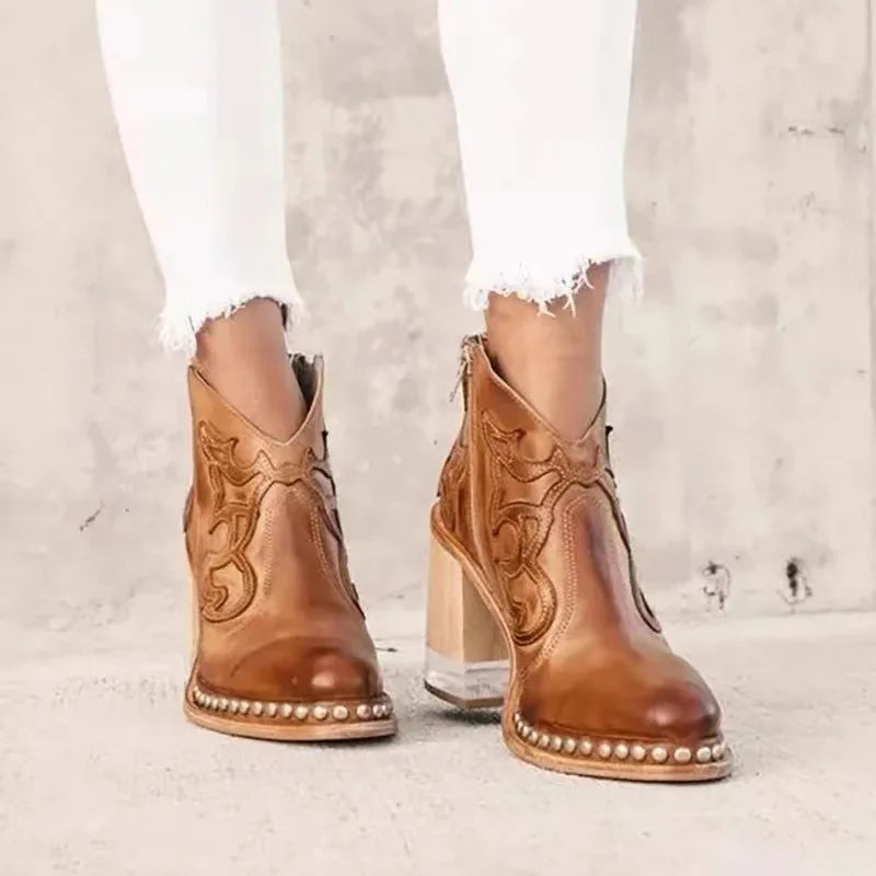 Santiag basse marron clair Simili Cuir Femme - Santiags modernes avec clous décoratifs 3
