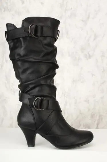 Santiag mi-haute noir Simili Cuir Femme - Boucles métalliques et tige plissée chic