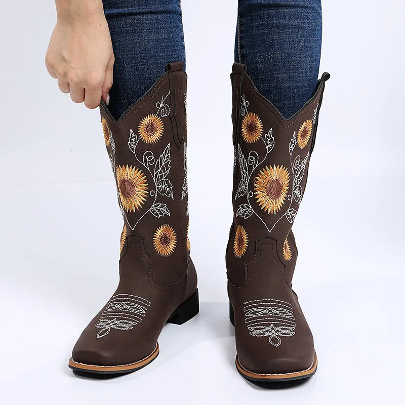 Santiag mi-haute marron Simili Cuir Femme - Broderies florales artistiques et couleurs vives 2