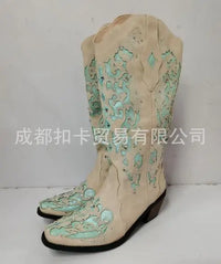 Santiag mi-haute gris Synthétique Femme - Broderies florales et pierres scintillantes 4