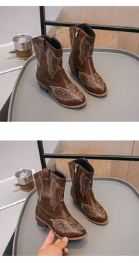 Santiag haute noir Simili Cuir Fille - Broderies ailées et clous dorés 4