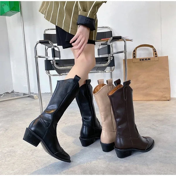 Santiag mi-haute noir Synthétique Femme - Coutures décoratives et bout pointu