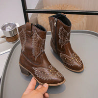 Santiag haute marron Synthétique Fille - Bottes marron, ailes brodées, clous dorés 3