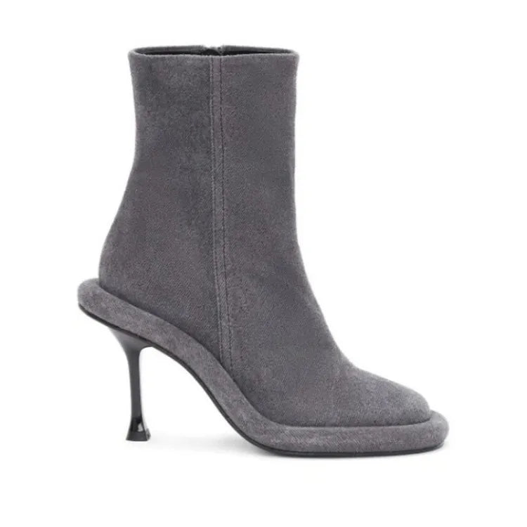 Santiag mi-haute gris Daim Synthétique Femme - Haut talon fin, bout carré élégant