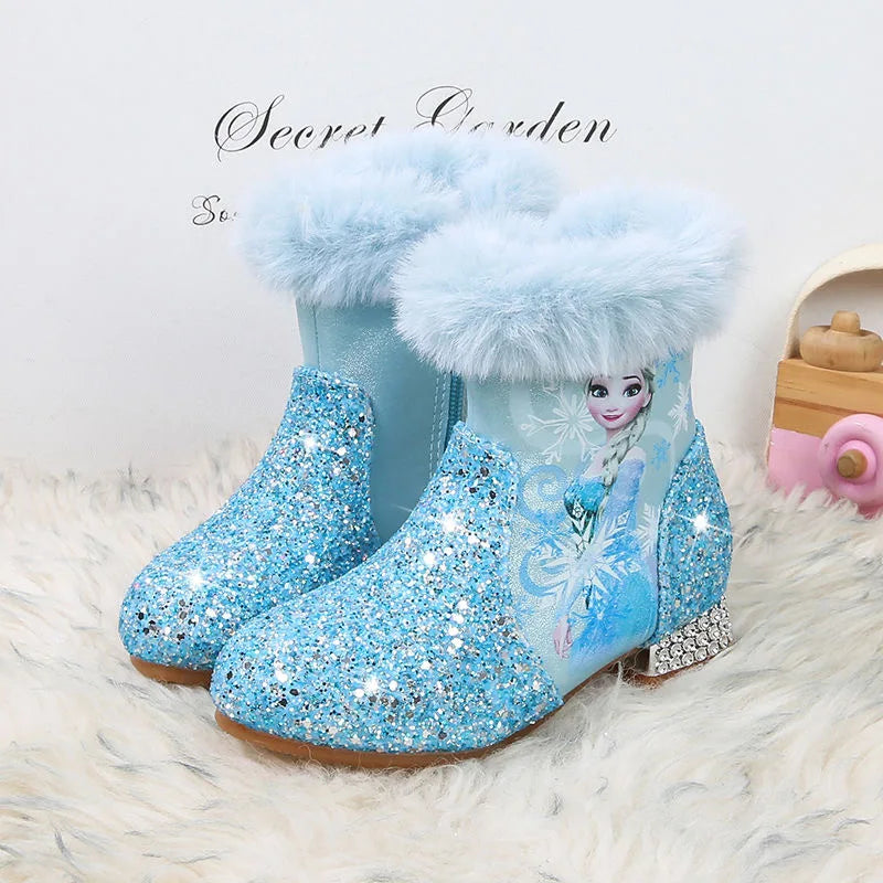 Santiag mi-haute bleu à paillettes Synthétique Enfant - Paillettes bleues et fausse fourrure blanche 5