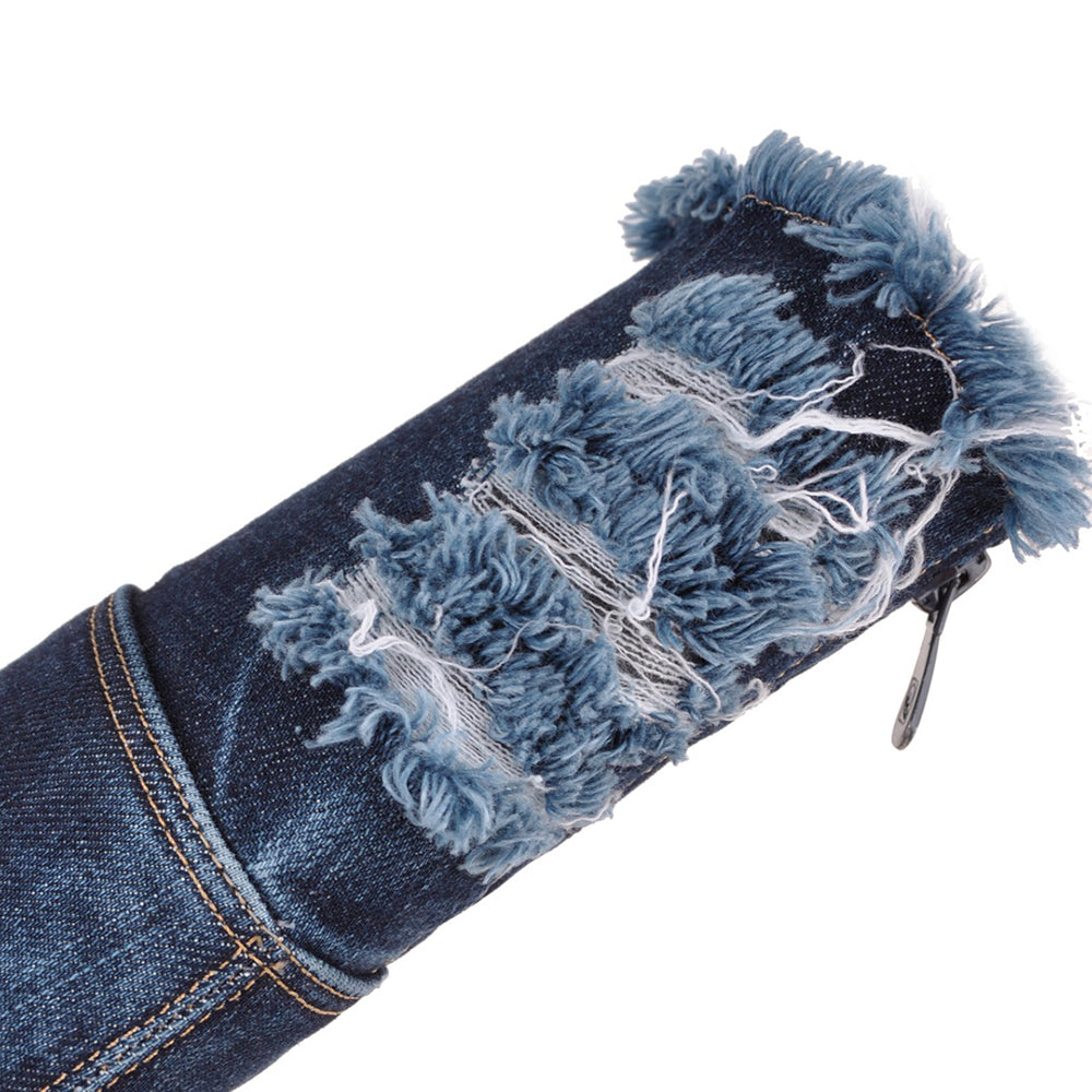 Botte haute bleu Synthétique Femme - Santiags denim avec détails effilochés 5