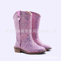 Santiag mi-haute rose Simili Cuir Fille - Effet brillant rose avec coutures décoratives 3