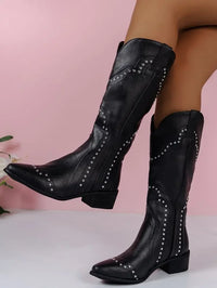 Santiag haute noir Simili Cuir Femme - Clous et couture pour style western 2