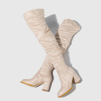 Santiag haute beige Daim Synthétique Femme - Style motard avec fermeture éclair 4