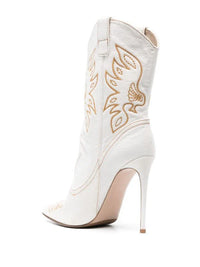 Santiag haute blanc Synthétique Femme - Talon aiguille avec broderies florales dorées 3