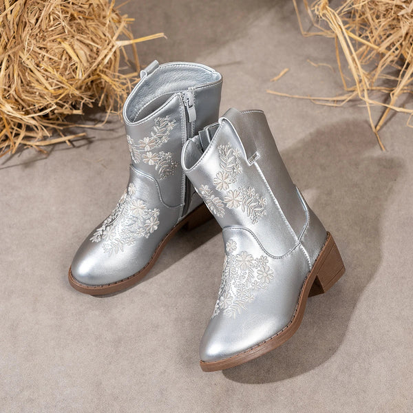 Santiag mi-haute argentée Simili Cuir Fille - Broderies argentées élégantes et modernisées