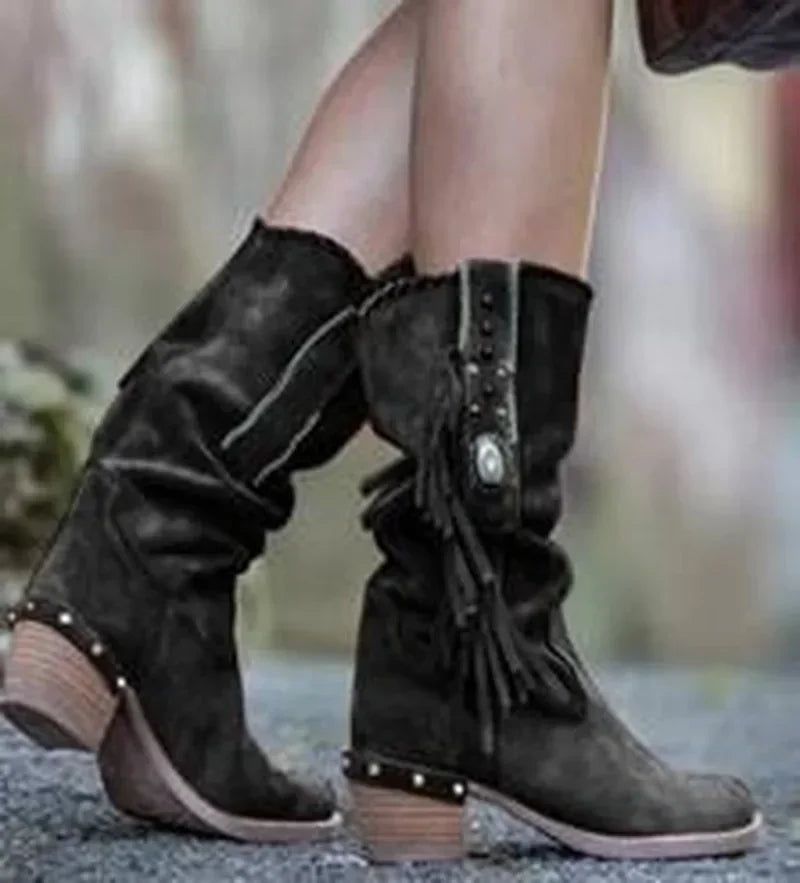 Santiag mi-haute noir Daim Synthétique Femme - Franges et clous pour un look western