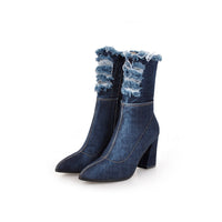 Botte haute bleu Synthétique Femme - Santiags denim avec détails effilochés 1