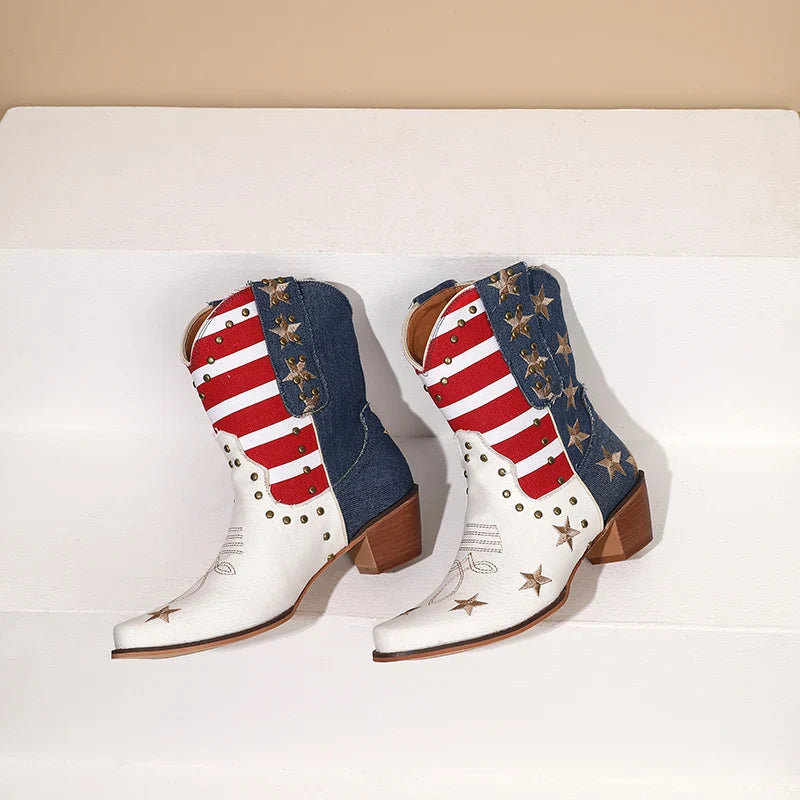 Santiag mi-haute multicolore Synthétique Femme - Motifs étoilés sur fond denim 7
