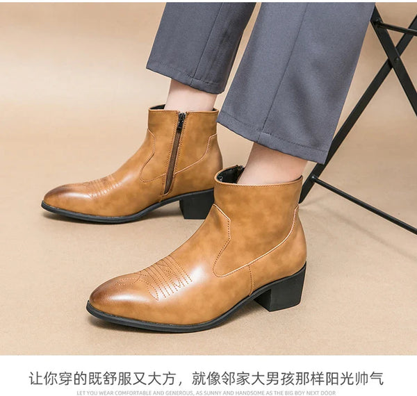 Santiag basse marron clair Synthétique Homme - Bout effilé et coutures décoratives élégantes