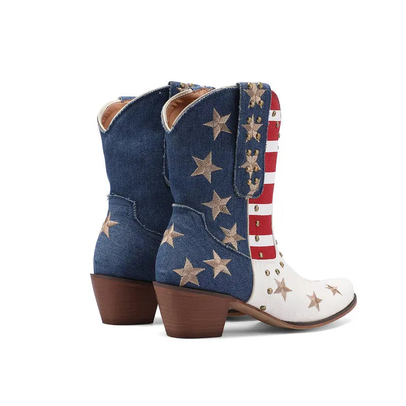 Santiag mi-haute multicolore Synthétique Femme - Motifs étoilés sur fond denim 4