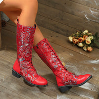 Botte haute rouge Simili Cuir Femme - Bottes rouges brodées style western chic 3