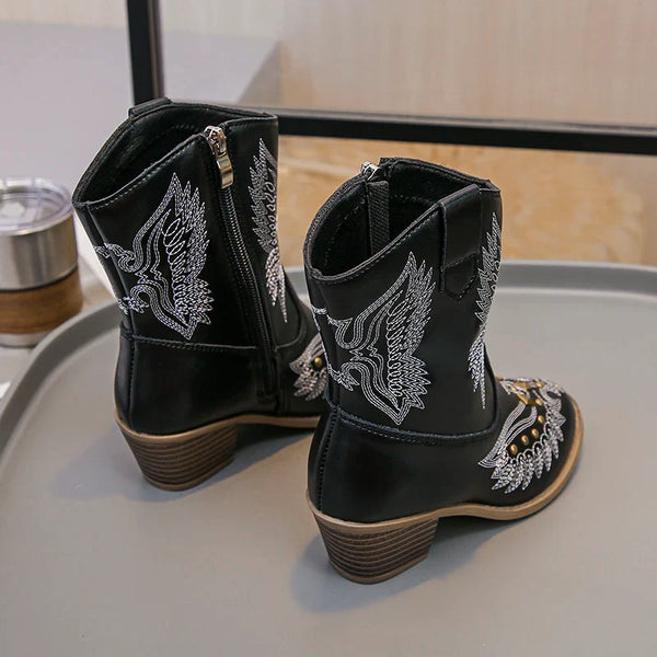 Santiag haute marron Synthétique Fille - Bottes marron, ailes brodées, clous dorés