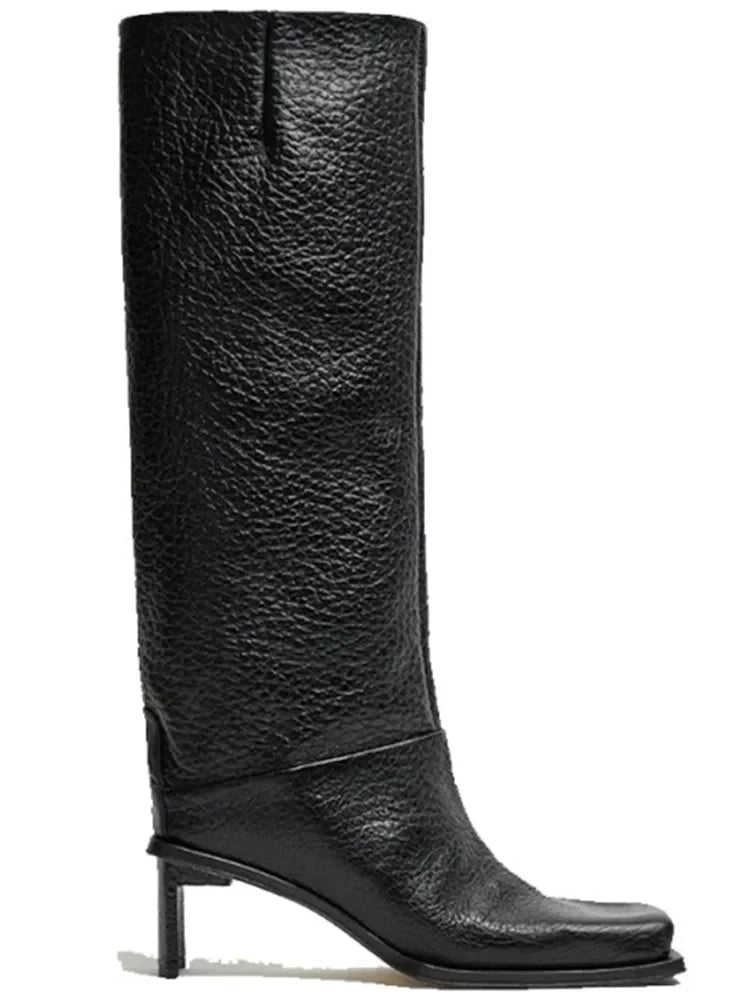 Santiag haute beige Synthétique Femme - Talons carrés modernes et texture grainée