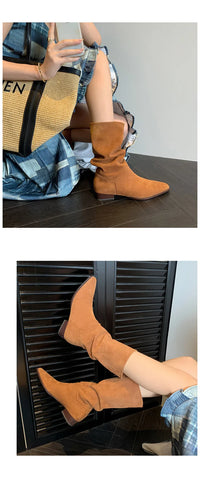 Santiag haute beige Daim Femme - Talon carré élégant et bout pointu 3