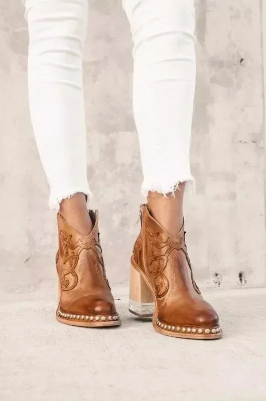 Santiag mi-haute camel Simili Cuir Femme - Broderies western et clous métalliques élégants 3
