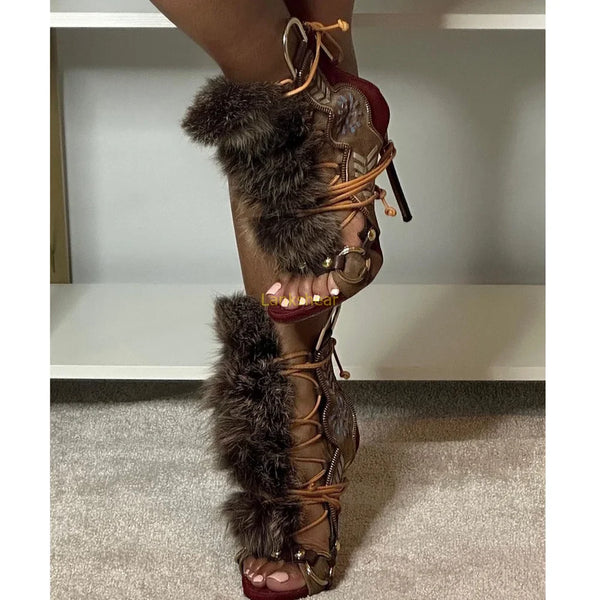 Santiag mi-haute noir Synthétique Femme - Découpes géométriques, fourrure luxuriante