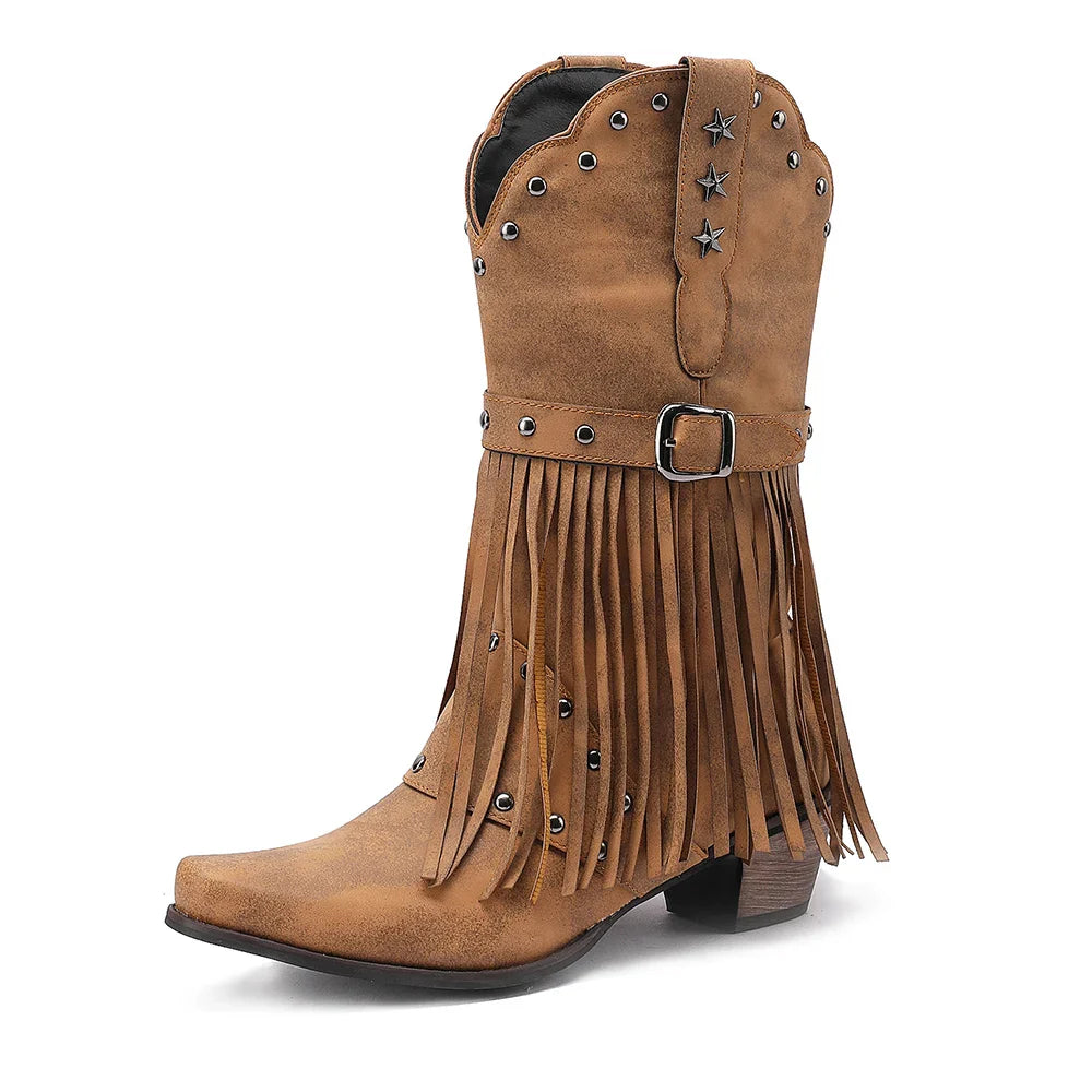Santiag mi-haute camel Simili Cuir Femme - Franges et détails étoilés distinctifs 5