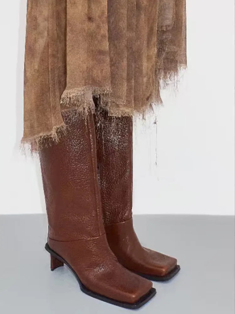 Santiag haute marron Synthétique Femme - Bottes élégantes à bout carré moderne