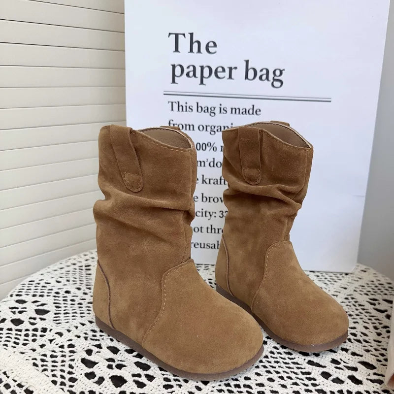 Santiag mi-haute marron clair Daim Synthétique Fille - Style simple avec couture épurée 4