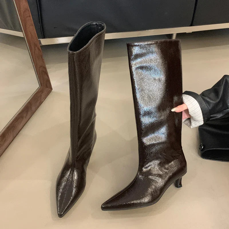 Botte haute noir Simili Cuir Femme - Santiags noires pointues brillantes modernes 5