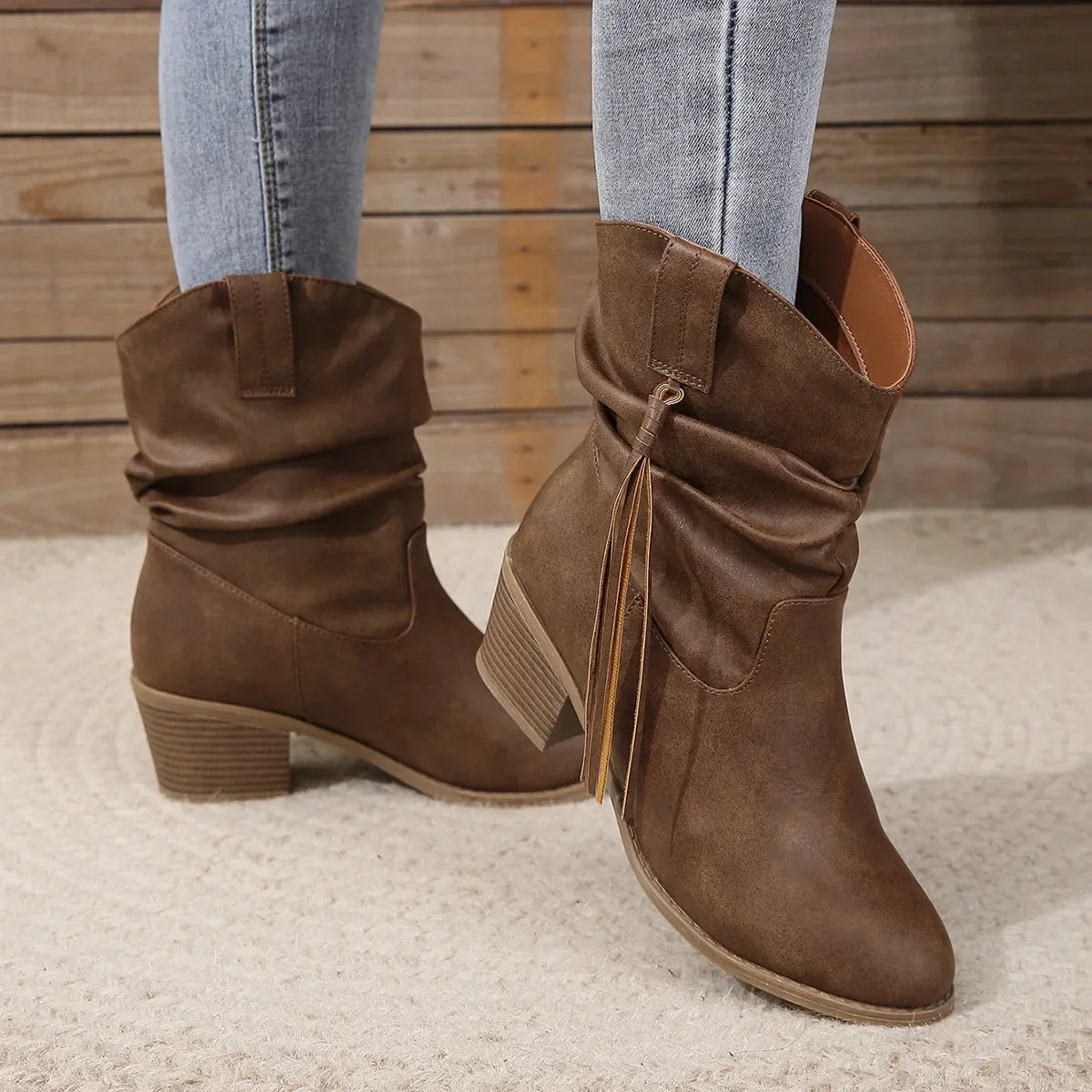 Santiag mi-haute marron Simili Cuir Femme - Franges western et talon carré moderne 3