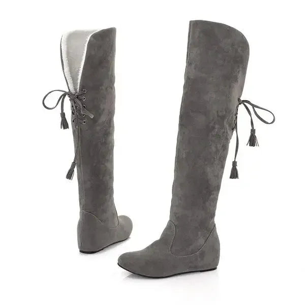 Botte haute gris Daim Femme - Santiags avec lacets arrière à pompons 2